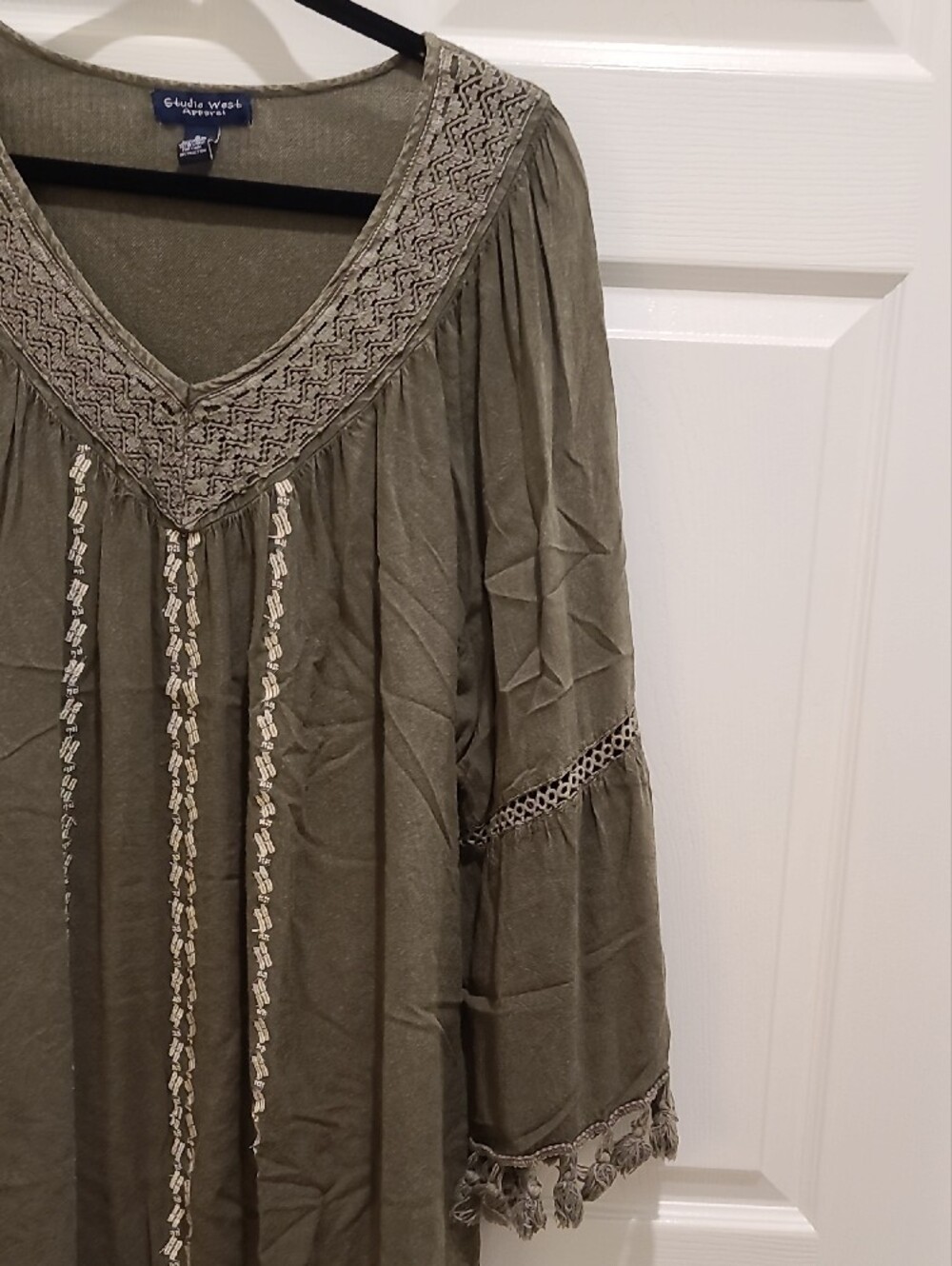 Studio West Olive Embroidered V-Neck Tunic with Tassels - Picture 4 of 5
